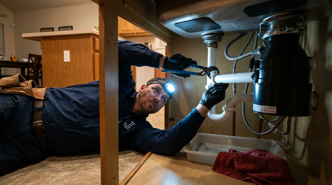P-trap and supply line connections under a kitchen sink showing a common leak point in Fort Lupton, CO